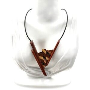 Handmade Wood Marquetry Pendant Necklace Signed Geometric Chevron Inlay Cord 16"